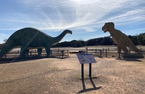 Two large artificial dinosaurs in an open yard with an information sign
