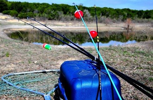 Fishing poles, net, and a blue tackle box sitting by a pond