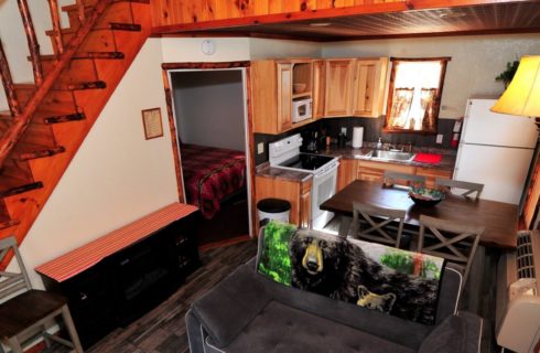 Interior kitchen of a cabin with doorway to a bedroom and stairs to an upper loft