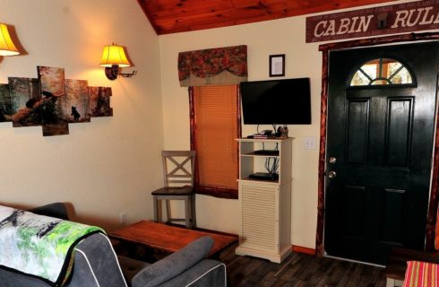 Front entrance area of a cabin wtih black door and grey loveseat facing a TV