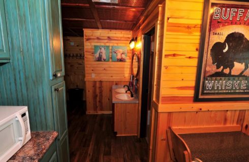 Cabin interior with wood floors and walls and double sink area with oval mirror and animal artwork