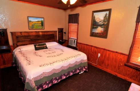 Bedroom of a cabin with queen bed with a quilt, side shelving with lamps and two windows
